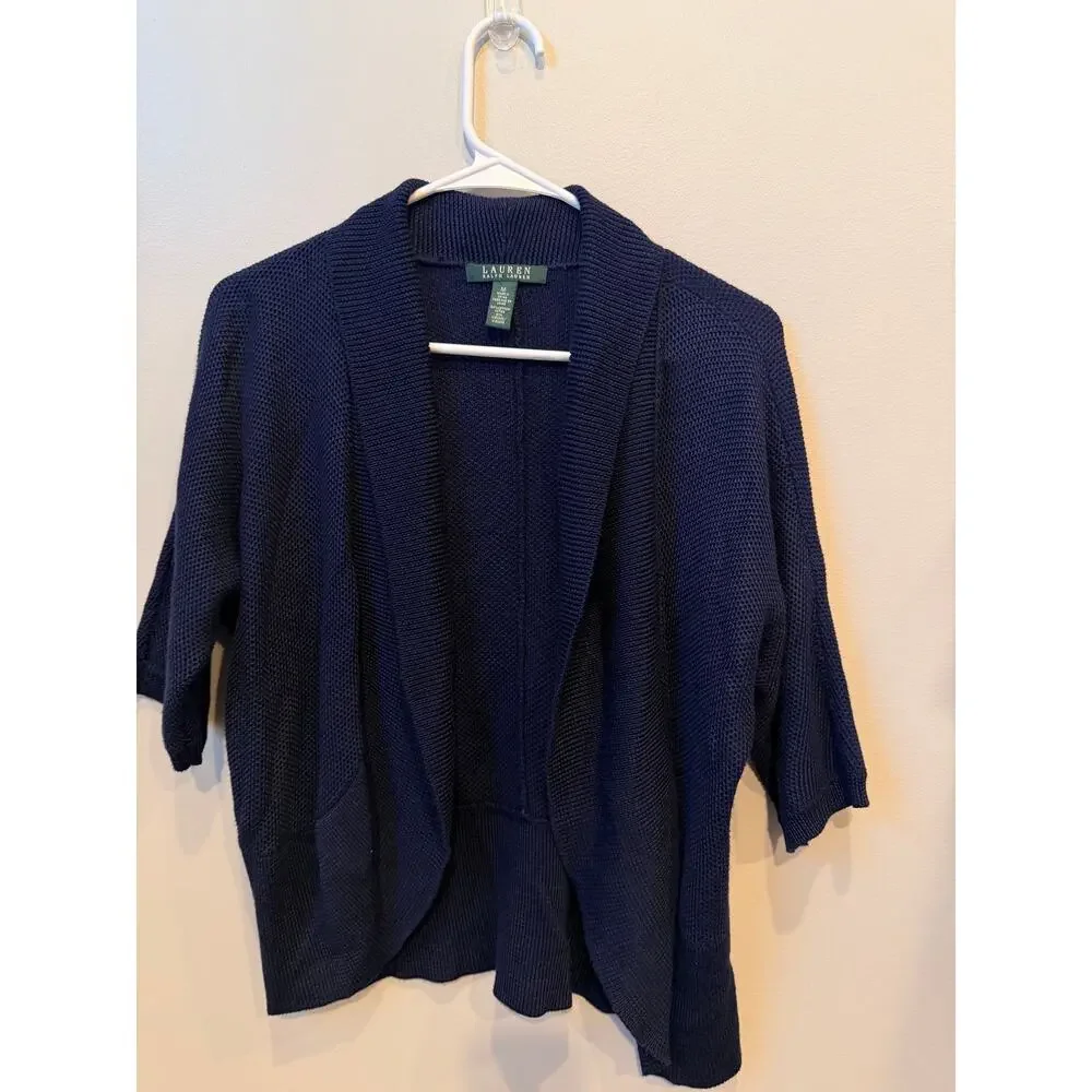 Lauren Ralph Lauren Open Front Cardigan Sweater Navy Blue Size M Knit 3/4 Sleeve